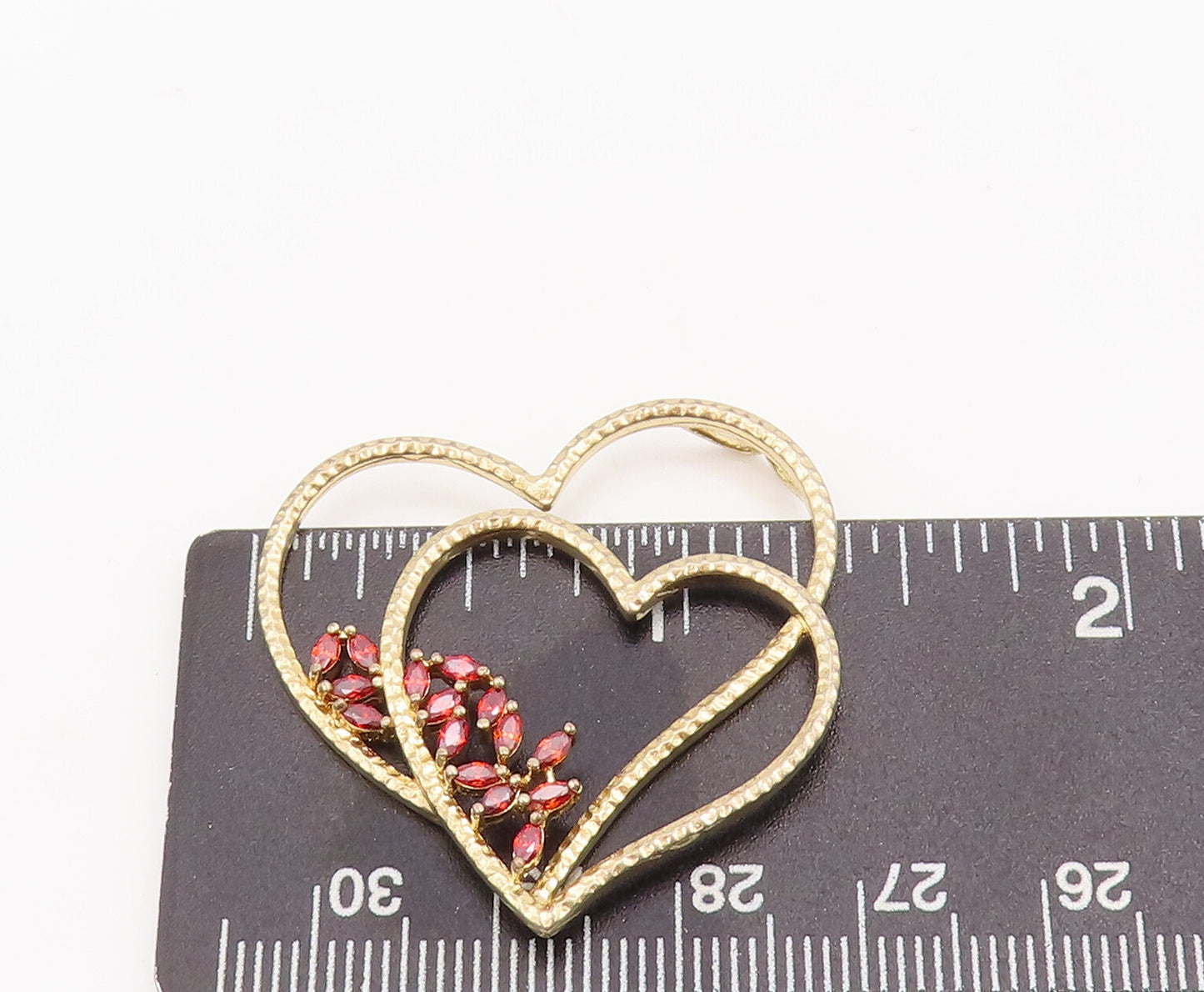 925 Sterling Silver Vintage Pendant Gold Plated Red CZ Cutout 2 Hearts   PT23092