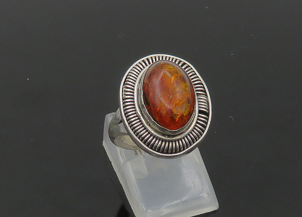925 Sterling Silver  Vintage Cabochon Cut Amber Cocktail Ring Sz 5  RG21732