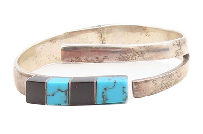 MEXICO 925 Silver  Vintage Turquoise & Black Onyx Bangle Bracelet  BT2007