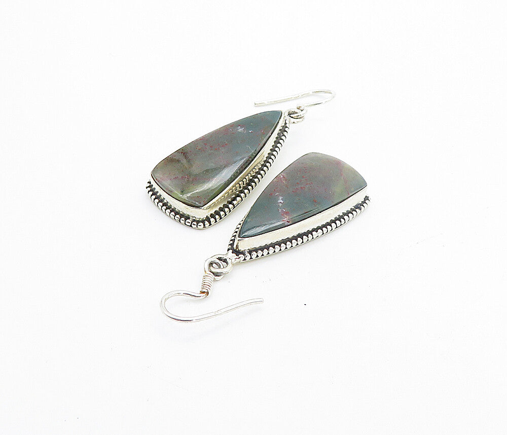 925 Sterling Silver  Vintage Jasper Fluted Border Dangle Earrings  EG3131