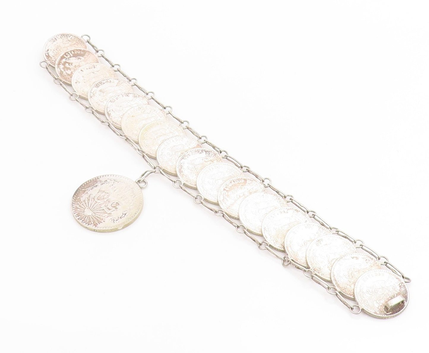 925 Sterling Silver Vintage Bracelet Modernist Mexican Peso Coin Link  BT12051