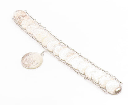 925 Sterling Silver Vintage Bracelet Modernist Mexican Peso Coin Link  BT12051