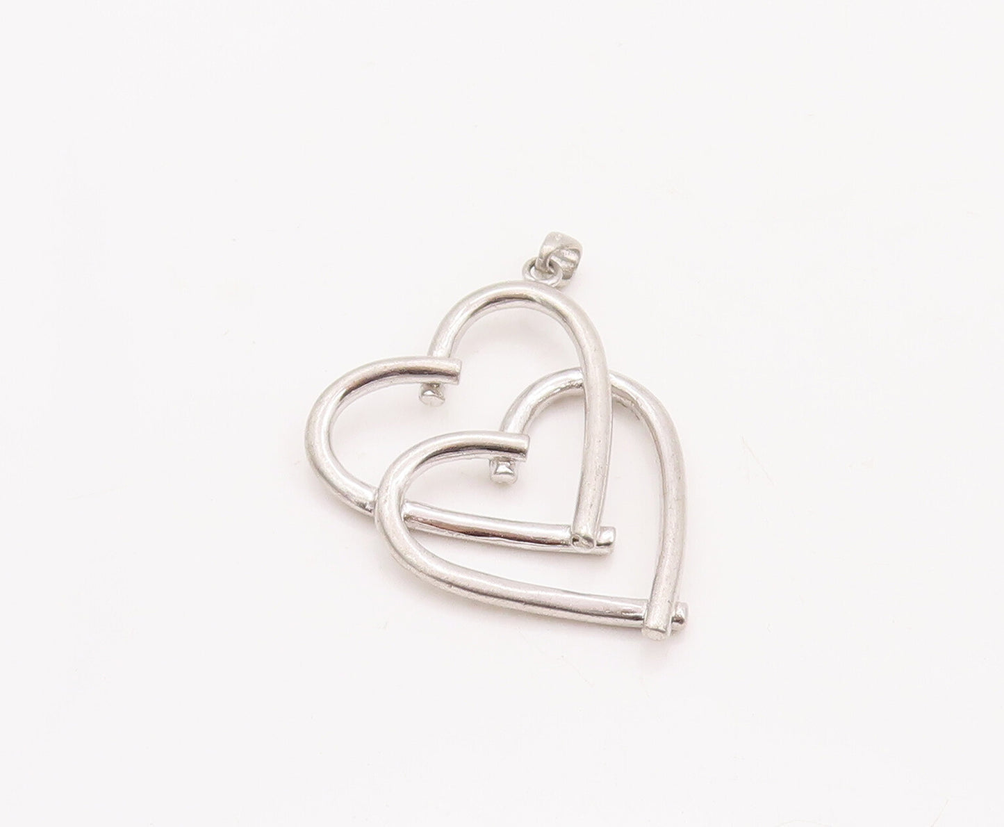 925 Sterling Silver Vintage Pendant CZ Beaded Double Heart Cutout   PT23148