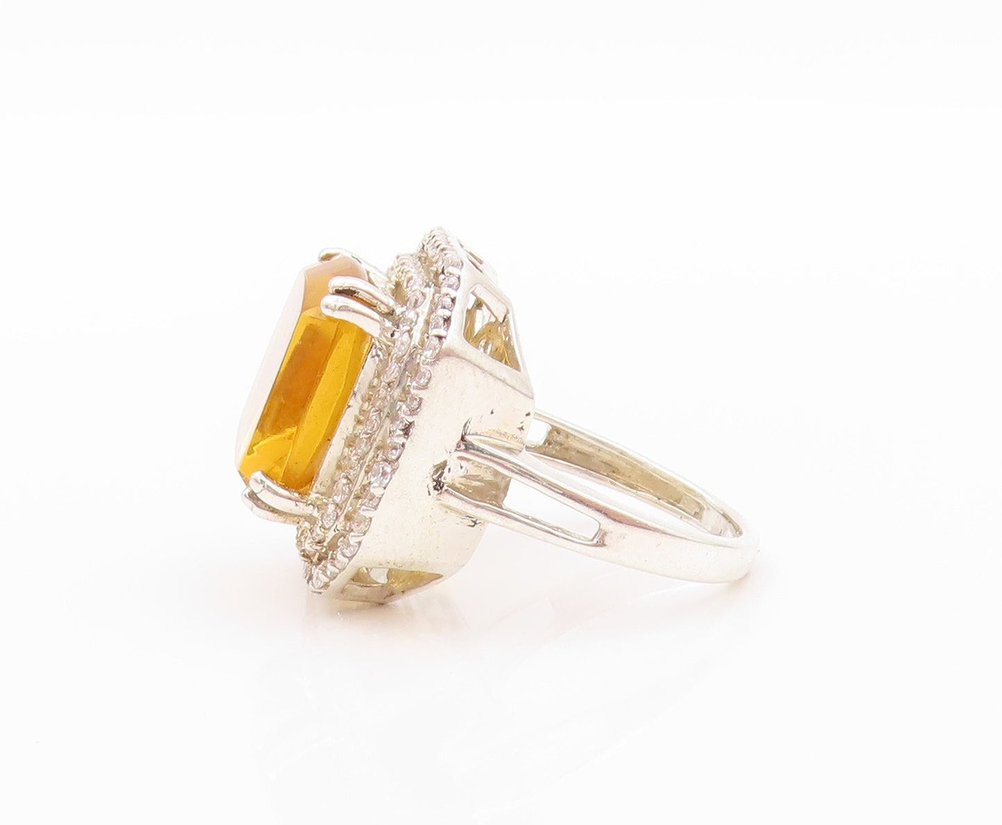 925 Sterling Silver Vintage Ring Square Citrine Halo Topaz  Sz 7  RG32449
