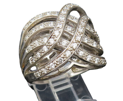 925 Silver  Vintage Overlapping Cubic Zirconia Crisscross Ring Sz 8.5  RG25403