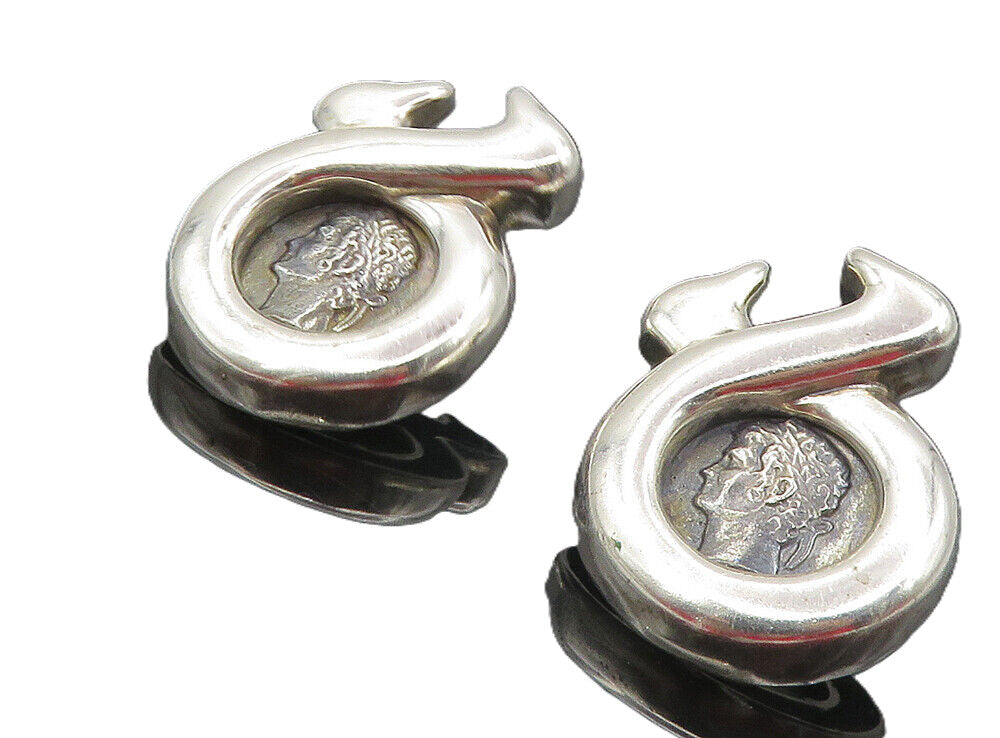 925 Sterling Silver  Vintage Oxidized Face Profile Shiny Drop Earrings  EG4712