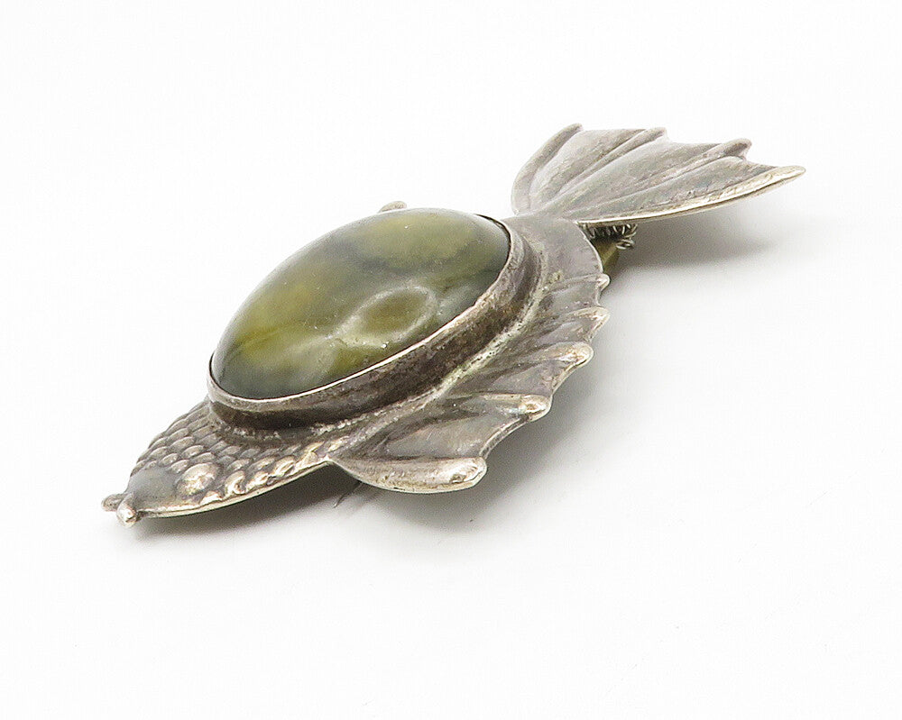 MEXICO 925 Sterling Silver  Vintage Antique Jasper Fish Brooch Pin  BP5217