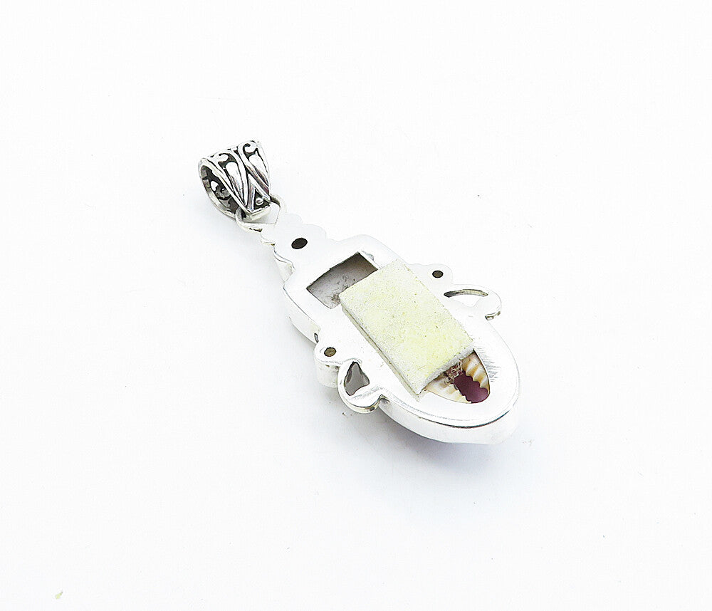 925 Sterling Silver  Vintage Cowrie & Spotted Shell & Amethyst Pendant  PT3102
