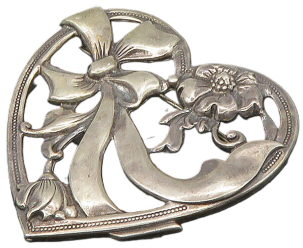 925 Sterling Silver  Vintage Bow Tied Ribbon Floral Heart Brooch Pin  BP8951