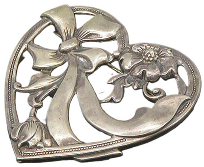925 Sterling Silver  Vintage Bow Tied Ribbon Floral Heart Brooch Pin  BP8951