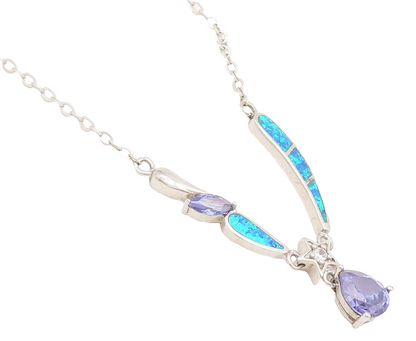 925 Silver  Vintage Water Drop Inlay Fire Opal Star Purple CZ Necklace  NE4217