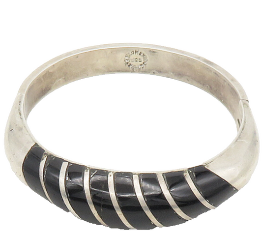 MEXICO 925 Sterling Silver  Vintage Black Onyx Stiped Bangle Bracelet  BT7308