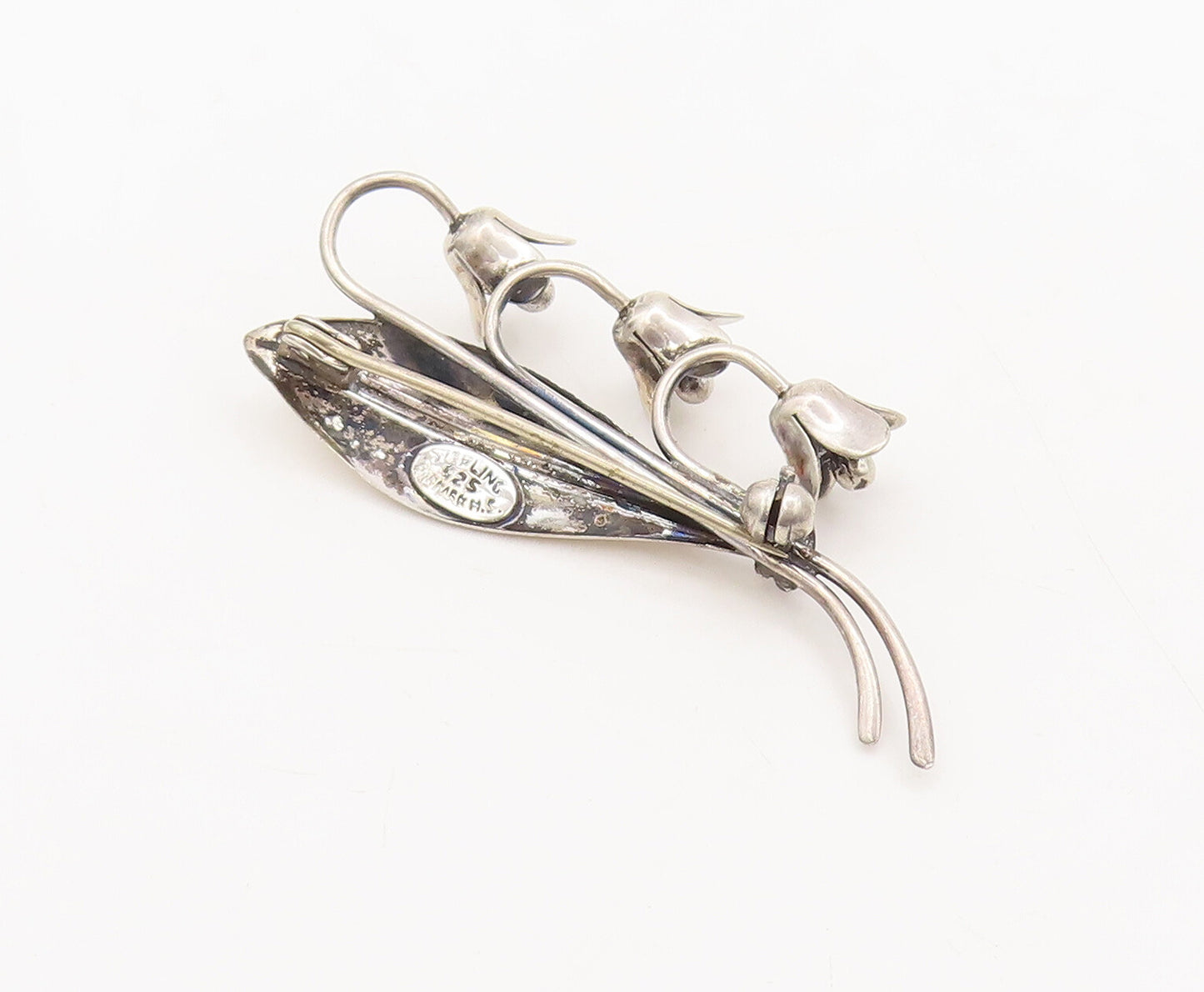 925 Sterling Silver Vintage Brooch Pin DENMARK Leaf Drop Three Flowers  BP10566
