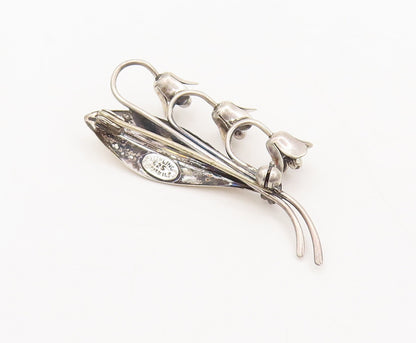 925 Sterling Silver Vintage Brooch Pin DENMARK Leaf Drop Three Flowers  BP10566