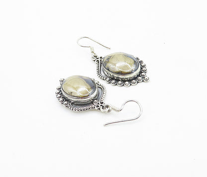 925 Sterling Silver  Vintage Cabochon Cut Agate Shiny Dangle Earrings  EG3146