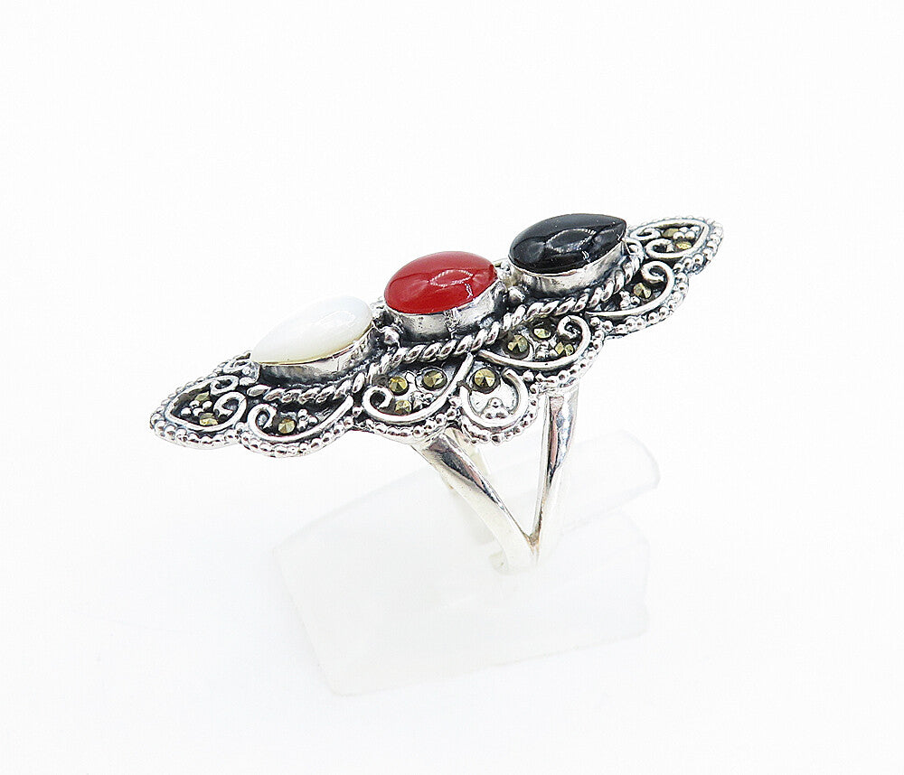 925 Silver  Victorian Mother Of Pearl Onyx & Coral Cocktail Ring Sz 7.5 RG7900