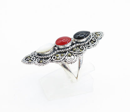 925 Silver  Victorian Mother Of Pearl Onyx & Coral Cocktail Ring Sz 7.5 RG7900
