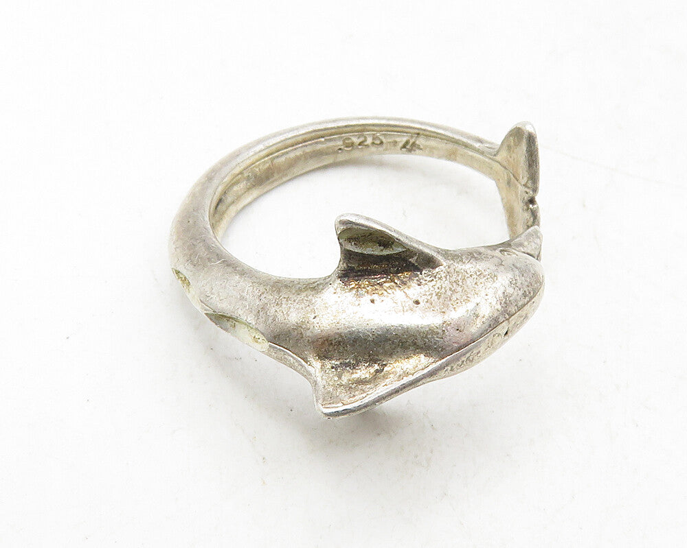 925 Sterling Silver  Vintage Dark Tone Dolphin Motif Band Ring Sz 5  RG9579