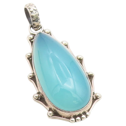 925 Sterling Silver Vintage Pendant Cabochon Chalcedony Teardrop Charm  PT26487