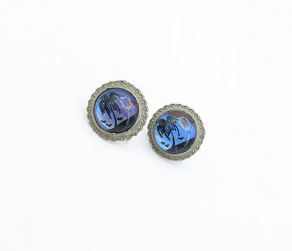 925 Sterling Silver Vintage Island Scene Glass Art Non Pierce Earrings EG2213