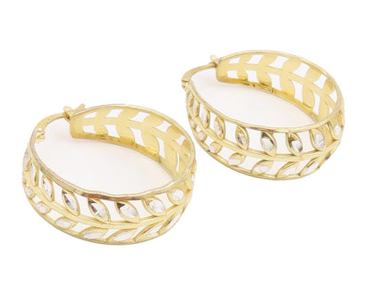 925 Sterling Silver Vintage Earrings Gold Plated Leaf Cutout Hoops  EG13089