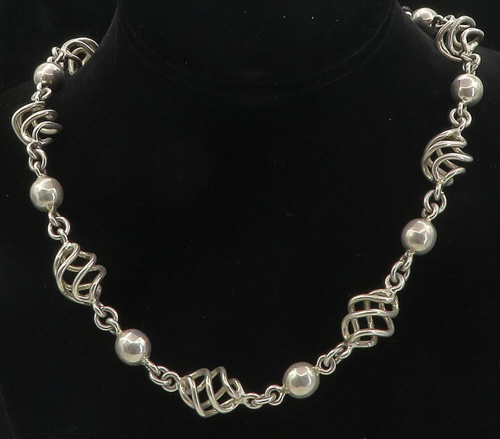 MEXICO 925 Sterling Silver Vintage Spiral Cage Link Chain Necklace  NE1605