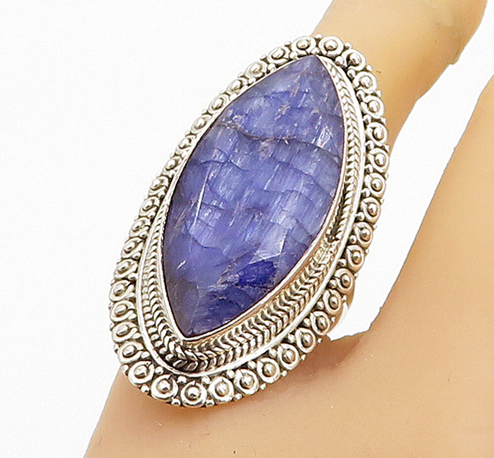 925 Sterling Silver  Sapphire Pointed Oval Shiny Cocktail Ring Sz 7  RG8156