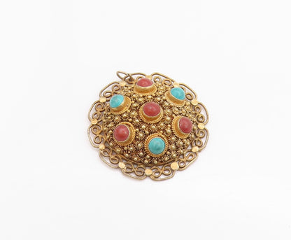925 Sterling Silver Vintage Pendant Gold Plated Turquoise & Gemstones  PT24715