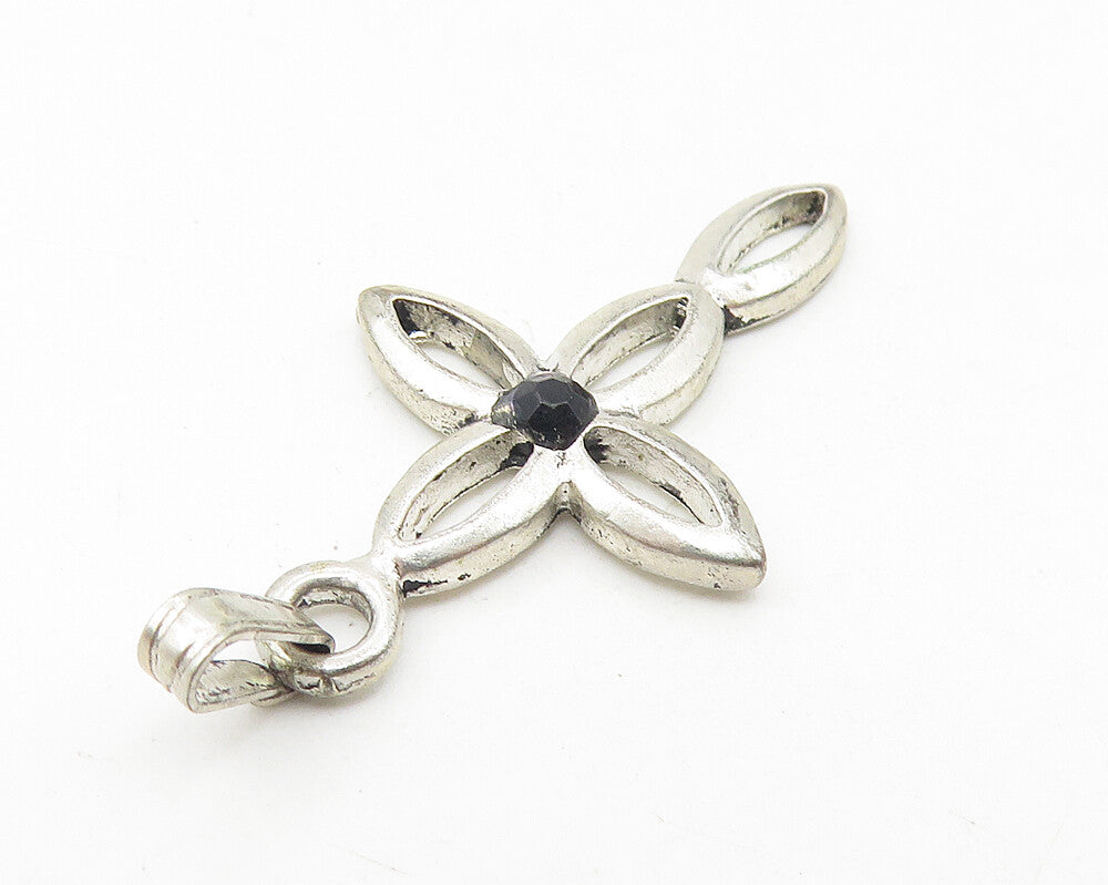 925 Sterling Silver  Vintage Black Hematite Religious Cross Pendant  PT9000