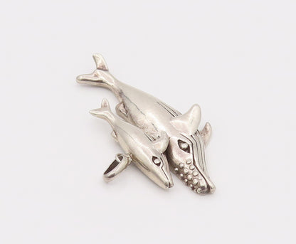 925 Sterling Silver  Vintage Baby & Mommy Swimming Whale Pendant  PT22185