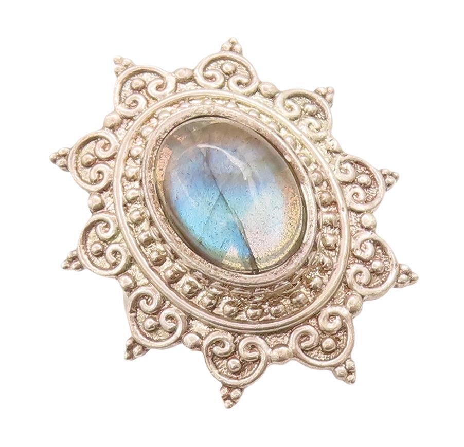 925 Sterling Silver Vintage Ring Swirly Carved Cabochon Labradorite Sz 8 RG28429