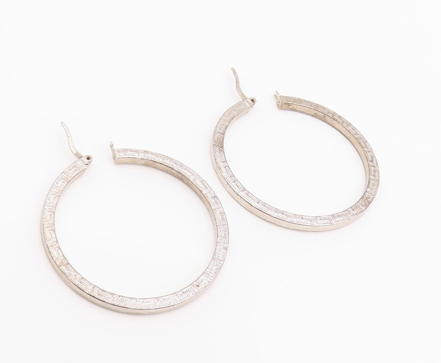 925 Sterling Silver Vintage Earrings Engraved Greek Key Pattern Hoops  EG14252