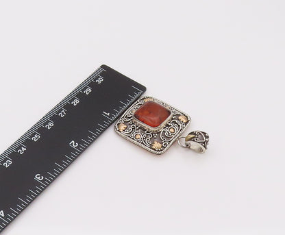18k GOLD & 925 Silver  Vintage Square Bali Swirly Amber Pendant  PT22173