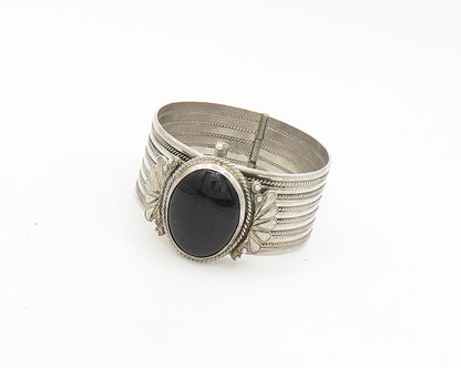 925 Sterling Silver  Vintage Black Onyx Ribbed Twist Bangle Bracelet  BT7498