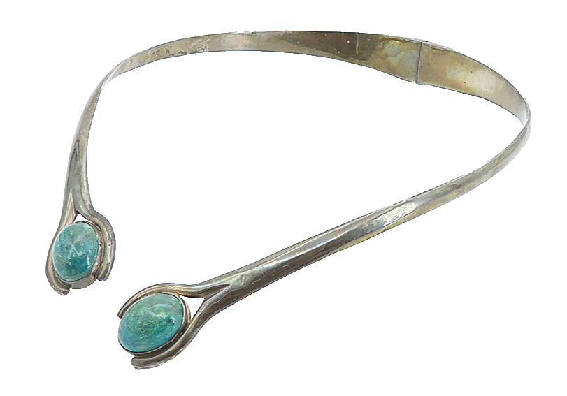 MEXICO 925 Silver Vintage Cabochon Cut Chrysocolla Collar Necklace NE1393