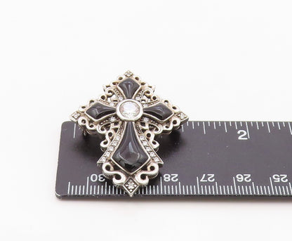 925 Sterling Silver Vintage Brooch Pin Onyx & Topaz Religious Cross  BP12576