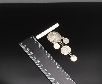 MEXICO 925 Silver  Vintage Swirl Dome Coin Chain Dangle Brooch Pin  BP9894