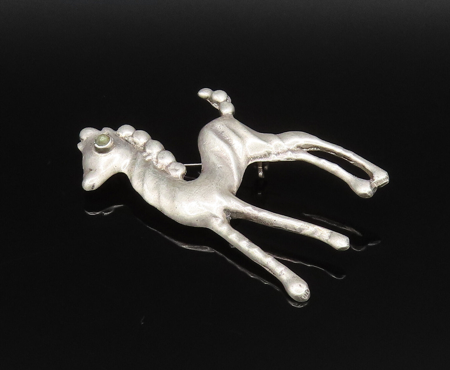 MEXICO 925 Silver  Vintage Antique Green Turquoise Eye Pony Brooch Pin  BP9751