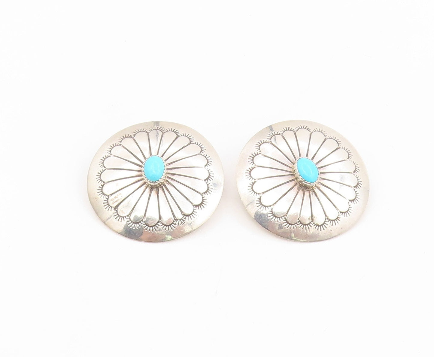 925 Sterling Silver Vintage Earrings NAVAJO Turquoise Etched Conchos  EG13964