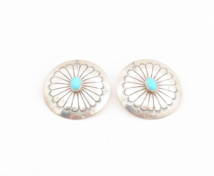 925 Sterling Silver Vintage Earrings NAVAJO Turquoise Etched Conchos  EG13964