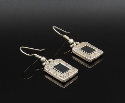 ISRAEL 925 Silver  Vintage Engraved Pattern Square Hematite Earrings  EG12097