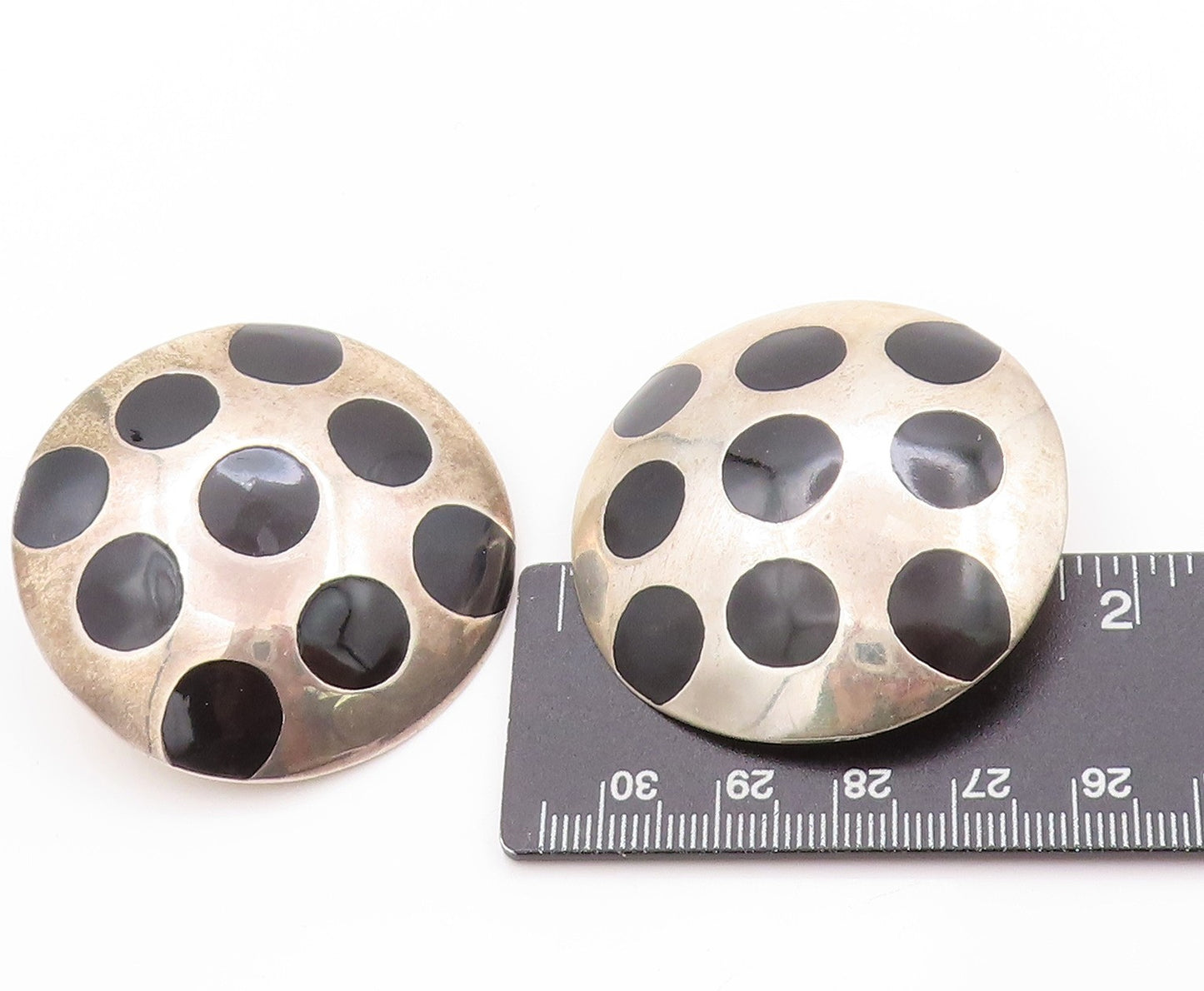 925 Sterling Silver Vintage Earrings MEXICO Polka Dot Onyx Design Disk  EG13578