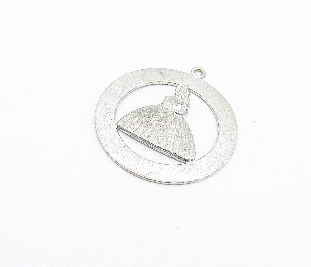 925 Sterling Silver  Vintage Woman In Floral Dress Open Circle Pendant  PT4236