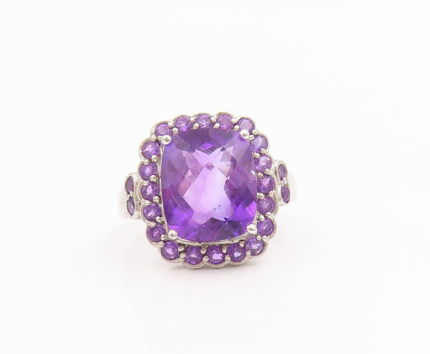 925 Sterling Silver Vintage Ring Faceted Amethyst Statement Band  Sz 8  RG35038