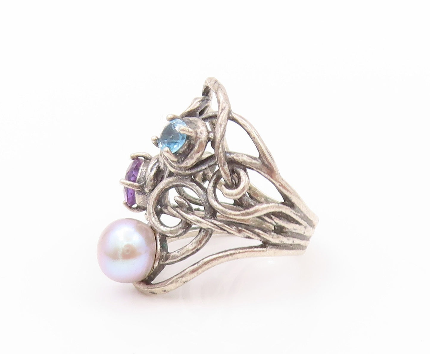 925 Sterling Silver Vintage Ring OR PAZ ISRAEL Pearl Amethyst Sz 5.5  RG32413