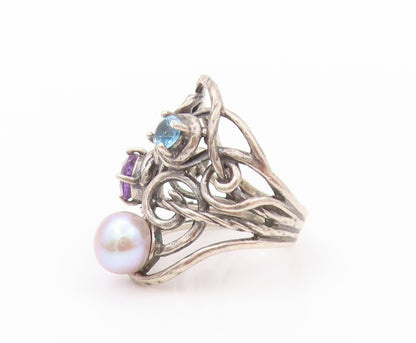 925 Sterling Silver Vintage Ring OR PAZ ISRAEL Pearl Amethyst Sz 5.5  RG32413