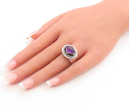 925 Sterling Silver Vintage Ring Twisted Rope Carved Amethyst  Sz 7  RG31380