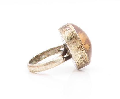 925 Sterling Silver Vintage Ring TAXCO Dark tone Cabochon Amber  Sz 9  RG31865