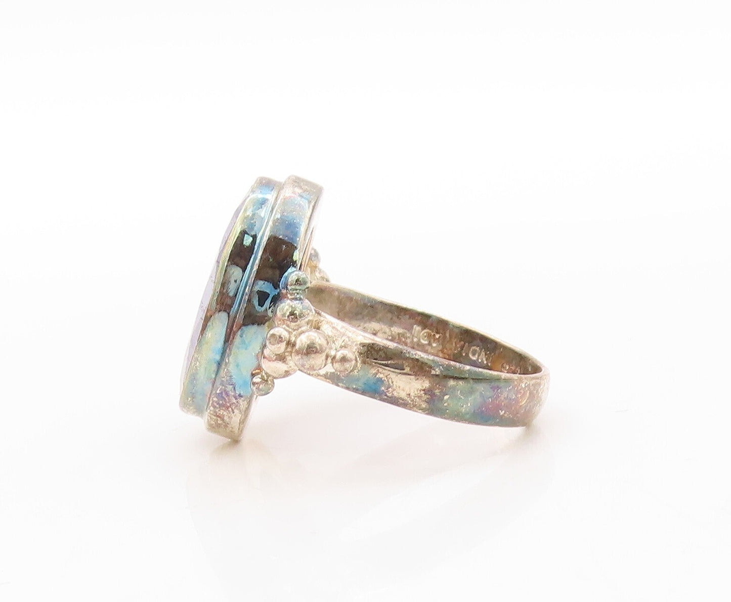 925 Sterling Silver Vintage Ring Oval Cut Blue Gemstone Inlay  Sz 7.5  RG30668