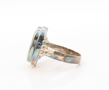 925 Sterling Silver Vintage Ring Oval Cut Blue Gemstone Inlay  Sz 7.5  RG30668